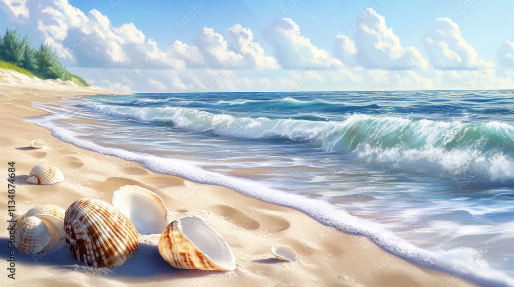 serene beach with gentle waves and seashells on shore serene beach with gentle waves and seashells on shore