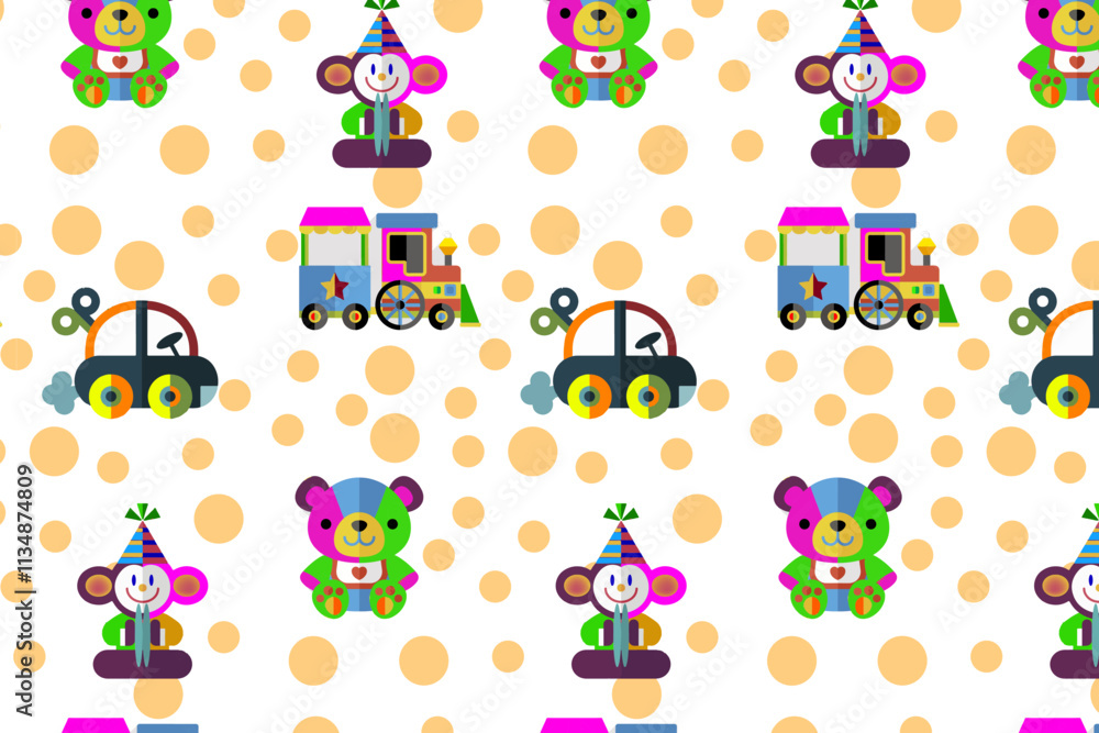 Fototapeta premium Seamless pattern. Children toys. Background. Illustration. Flyer background design, advertising background, fabric, clothes, texture, textile pattern