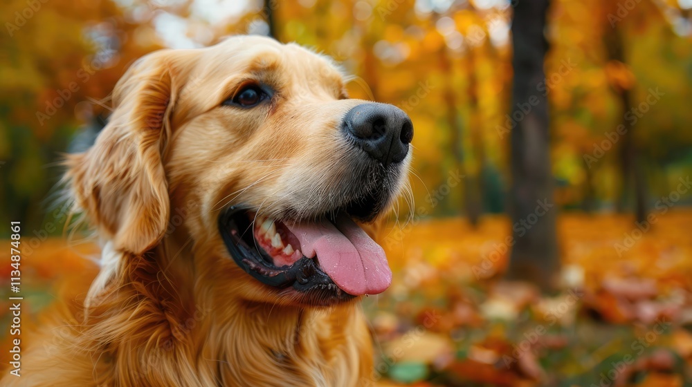 A close-up of a dog in a vibrant autumn park with colorful foliage in the background. A close-up of a dog in a vibrant autumn park with colorful foliage in the background.