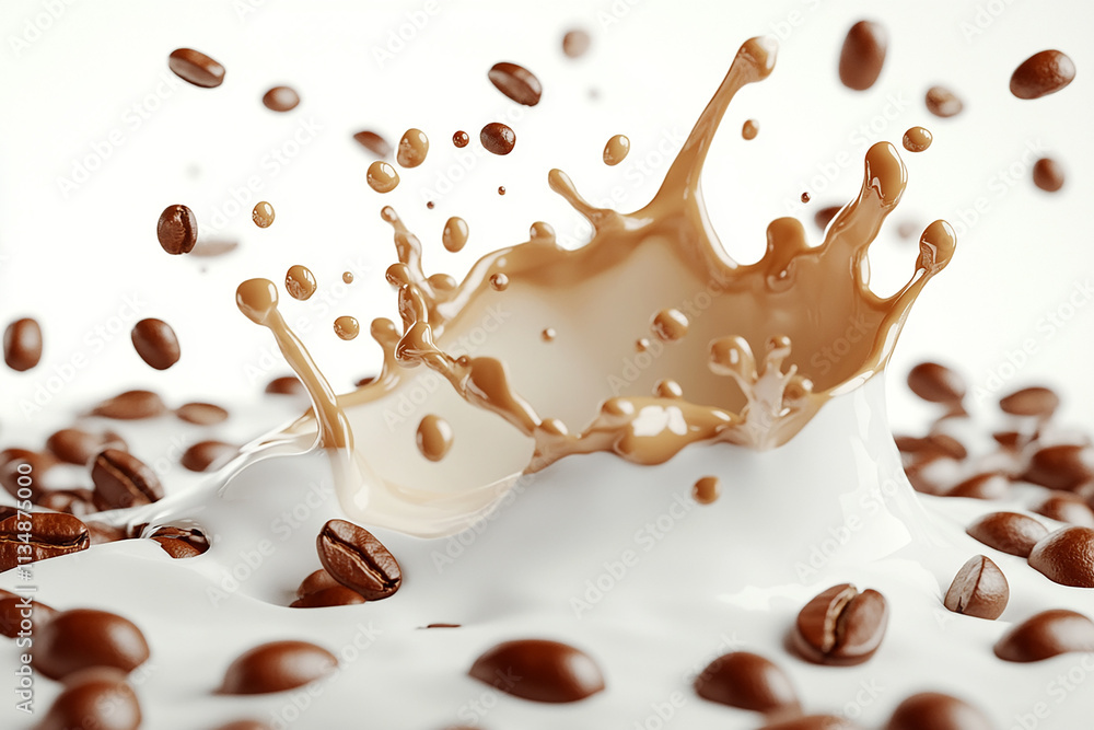 Fototapeta premium Milk and coffee splashing with coffee beans, isolated on a white background
