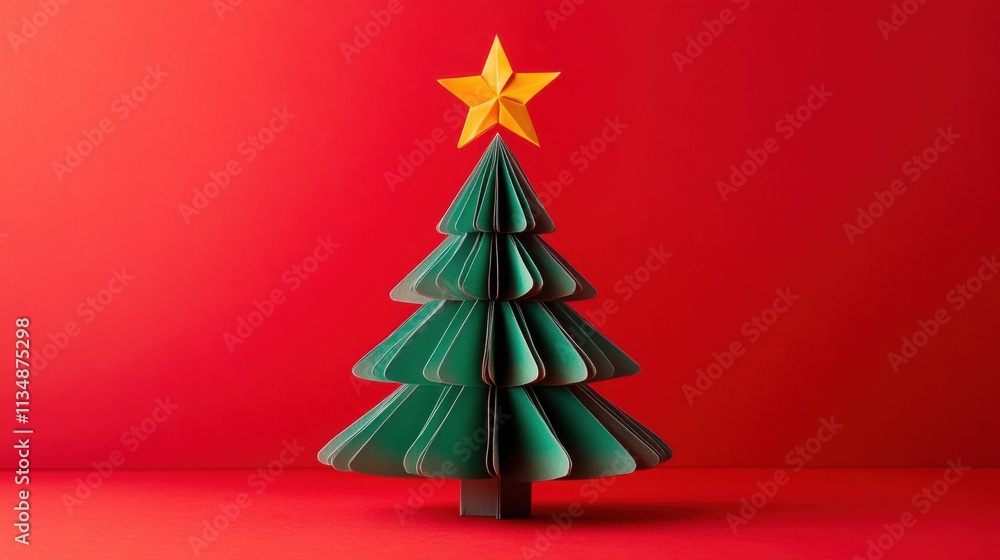 Colorful Paper Christmas Tree with Star on Bright Red Background Colorful Paper Christmas Tree with Star on Bright Red Background