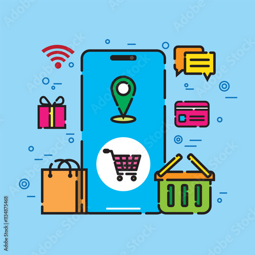 Vector illustration of a smartphone with icons representing shopping, navigation, messaging, payment, gifts, and cart functions, showcasing modern app utilities in a vibrant style.