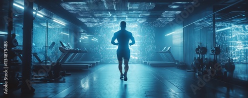 Hightech fitness innovation, a fit man training with holographic AIguided data projections, modern gym interior, futuristic neon lighting, ultracrisp cinematic quality photo