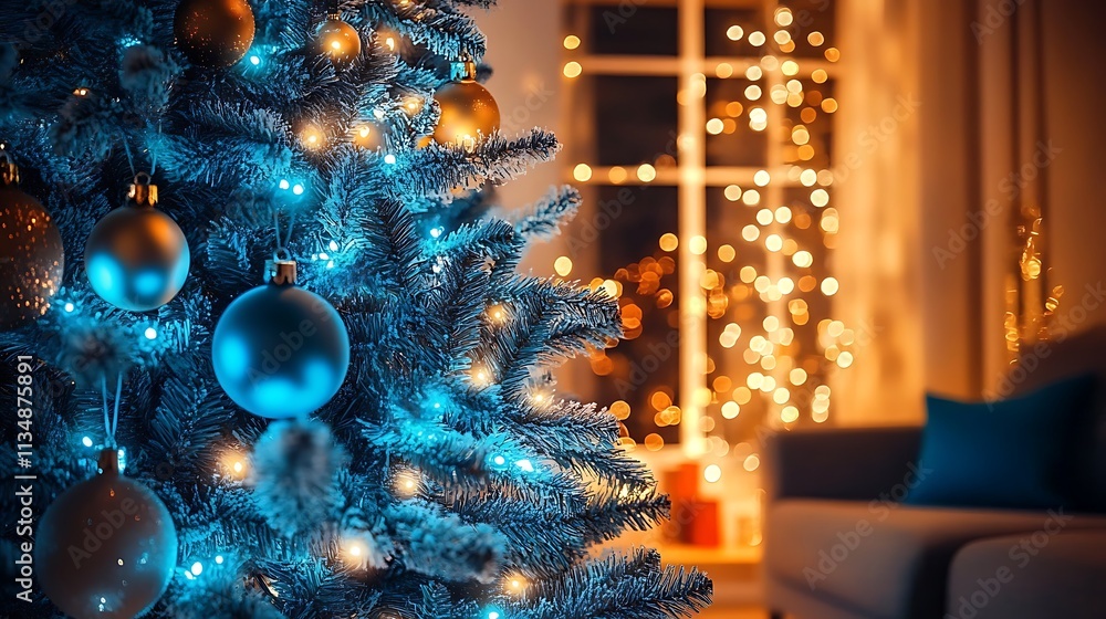 araffy christmas tree with blue lights and ornaments in a living room araffy christmas tree with blue lights and ornaments in a living room