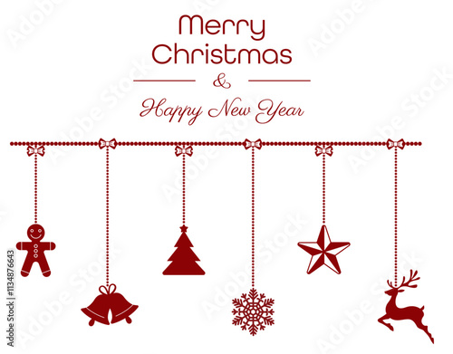 Christmas decorative elements in red color hanging on a string, snowflake, deer, gingerbread, bells, Christmas tree, star. Isolated background. Vector illustration. Merry Christmas and Happy New Year.