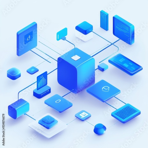 Modern Digital Network Showcasing Interconnected Data Blocks and Graphical User Interface Elements in Vibrant Blue Tones