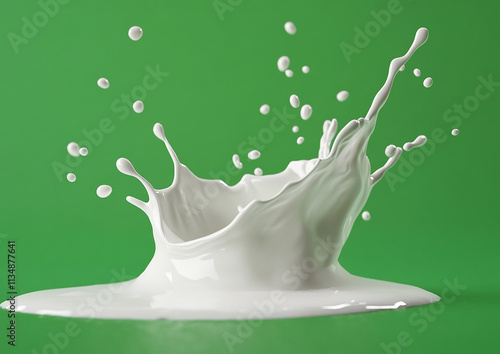 Milk splash isolated on a green background with white milk waves and drops photo