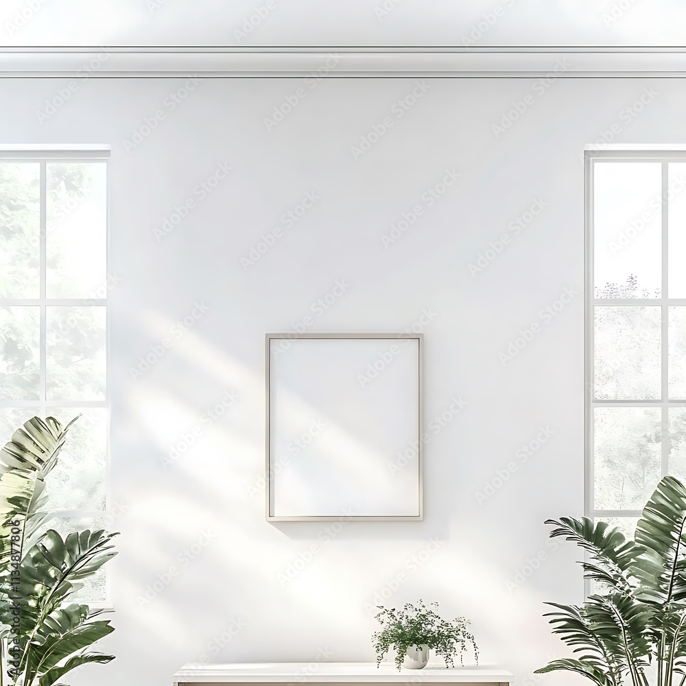 a white room with a wooden table and a plant in a pot a white room with a wooden table and a plant in a pot