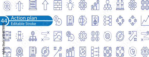 Action plan set of web icons in line style. Strategy action planning icons for web and mobile app. Containing strategy, analysis, planning, strategy, analysis, tasks, goal icons and more 