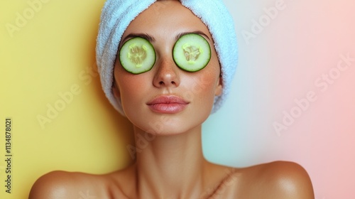 Close-up of a woman in a spa treatment with cucumber slices over her eyes, towel wrapped on her head, against a pastel-colored background. photo