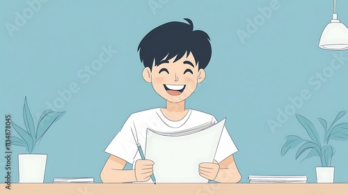 Student writer grinning at seeing their byline in school newspaper, vector 