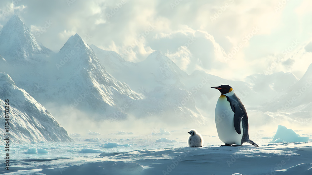 Fototapeta premium Emperor Penguin and Chick in Antarctica