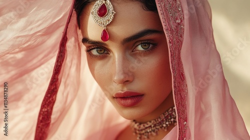 Close-up of a woman with traditional pink headscarf and red gemstone jewelry, set on a light pastel background. photo