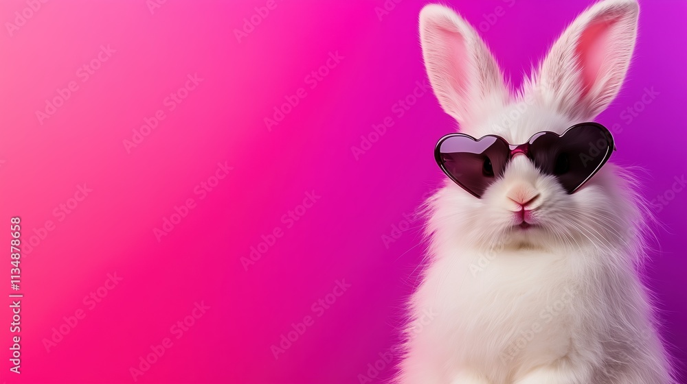 Fototapeta premium White rabbit with dark heart sunglasses on gradient background. Fashion accessory concept