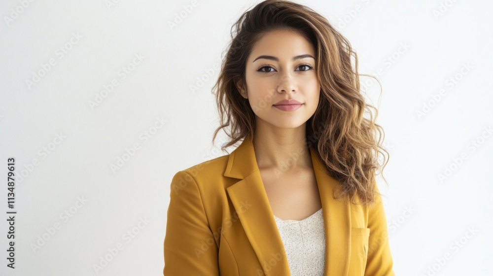 Confident modern woman dressed in a gold blazer, standing tall with a bright white background. Confident modern woman dressed in a gold blazer, standing tall with a bright white background.