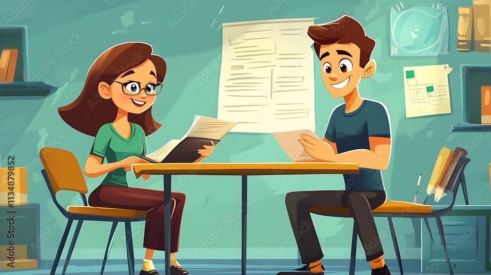 Teacher and student reviewing essay draft, constructive feedback, cartoon vector Teacher and student reviewing essay draft, constructive feedback, cartoon vector