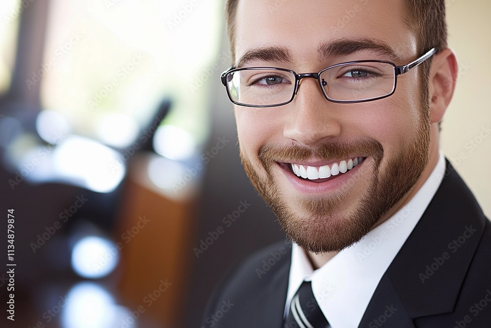 Smiling man in suit wears glasses in modern office Smiling man in suit wears glasses in modern office