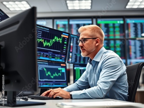 Professional trader analyzing market trends in a modern trading room filled with digital screens