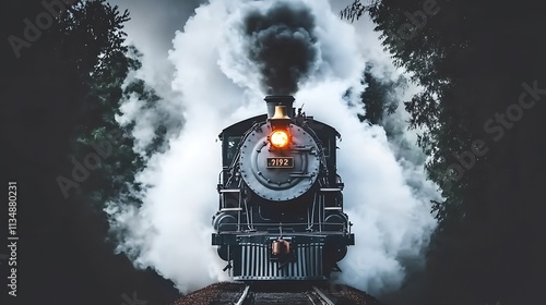 A vintage steam locomotive emerges from a cloud of smoke
