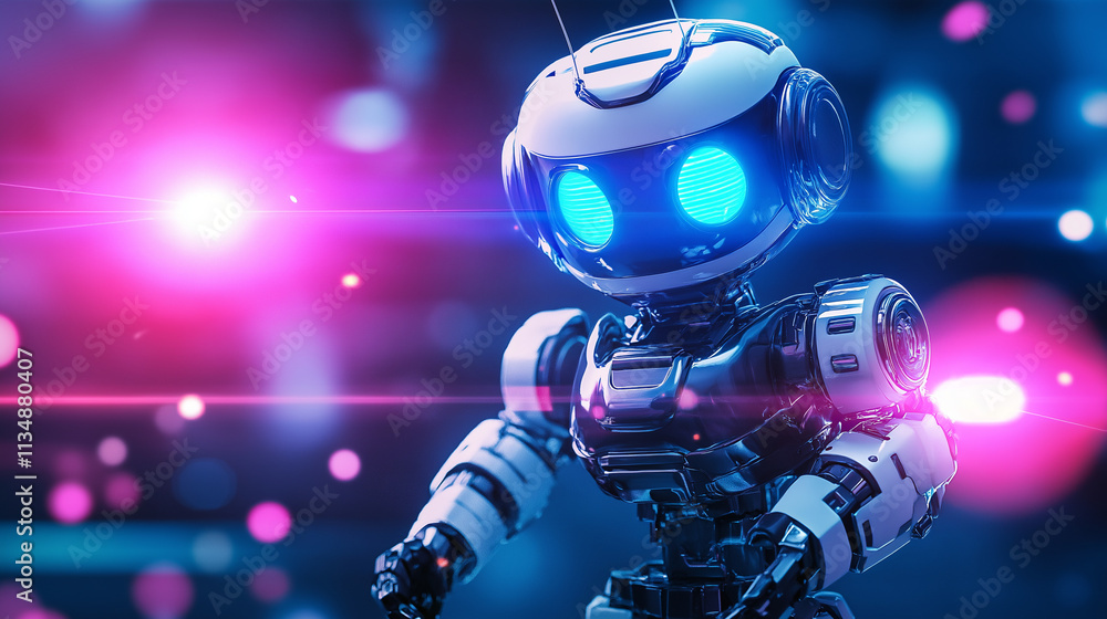 Fototapeta premium Futuristic robot with glowing blue eyes and sleek metallic design illuminated by vibrant pink and blue neon lights in a high-tech environment