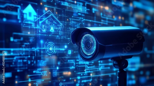 A close-up of a modern surveillance camera against a futuristic digital interface background. Blue tones dominate the image, highlighting the connection between security and technology.. AI Generation