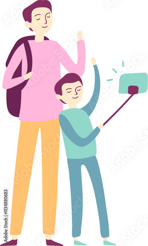 Father and son, both smiling brightly, are capturing a joyful selfie with a selfie stick while waving their hands, celebrating their exciting travel adventure together