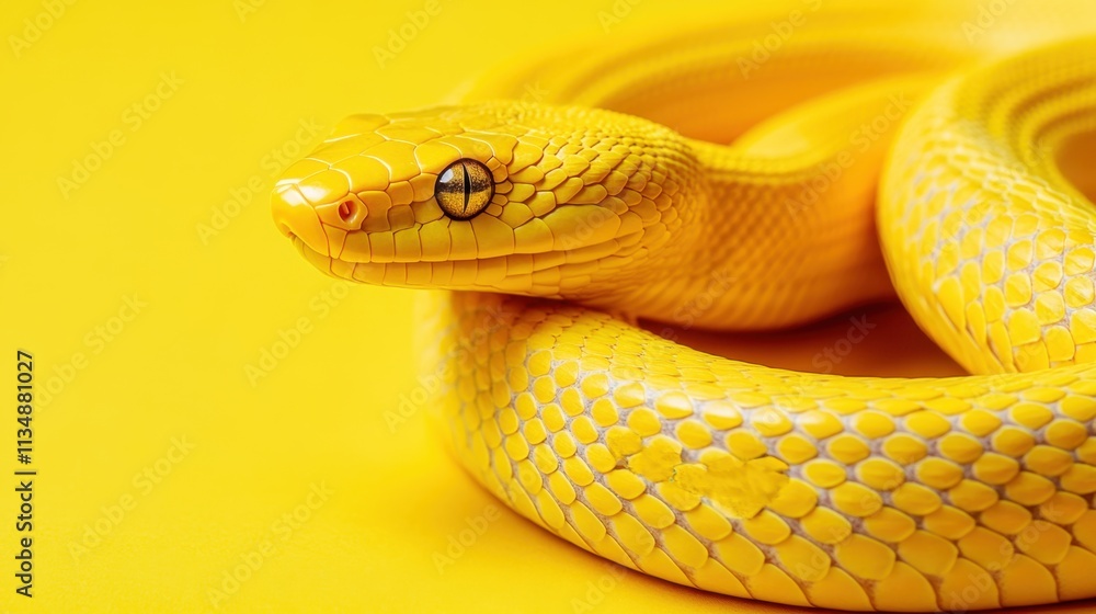 Vibrant Yellow Snake with Detailed Scales on Bright Yellow Background Vibrant Yellow Snake with Detailed Scales on Bright Yellow Background