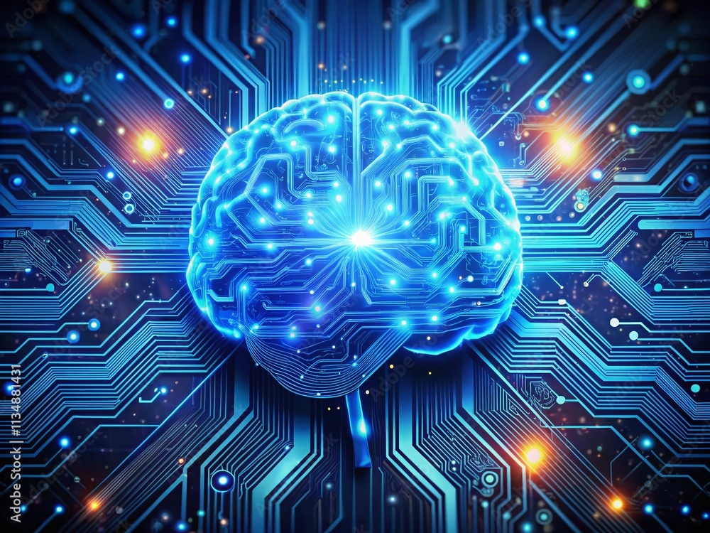 Fototapeta premium Digital Brain Logo with HUD Technology Circuit Board and AI Chatbot Concept in Motion Graphic Style, Featuring Data Transfer and Machine Learning on Abstract Background
