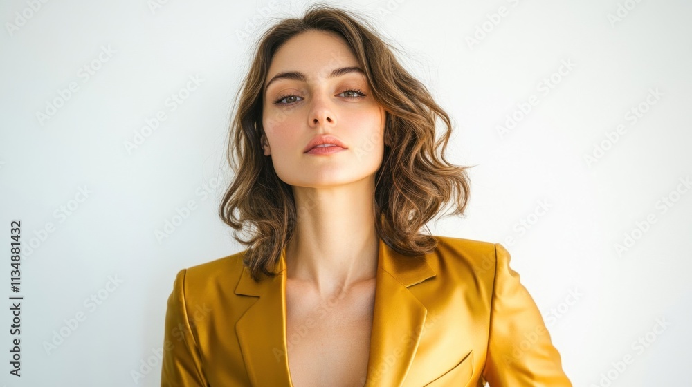 Contemporary woman dressed in a gold blazer, standing confidently with a clean white background. Contemporary woman dressed in a gold blazer, standing confidently with a clean white background.