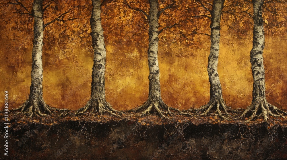 Naklejka premium Five majestic trees with intertwined roots set against a golden autumn forest backdrop showcasing vibrant fall foliage colors.
