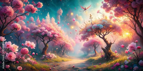 Digital Pink Blossoms: A Whimsical Fantasy Scene for Abstract Graphic Designs, Perfect for Posters, Web Pages, and PPT Backgrounds