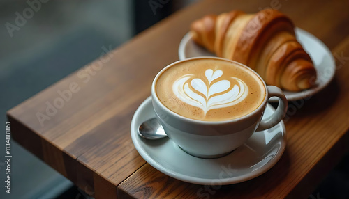 Hot coffee latte with latte art milk foam a swan shape in cup mug with chocolate Croissant on wood desk on top view.As breakfast In a coffee shop at the cafe,during business work concept,Rainy season photo