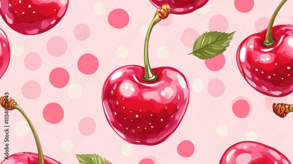 Vibrant Cherry Pattern on Soft Pink Background with Dots