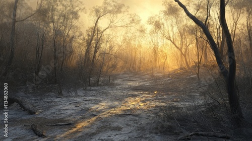 Rebirth of Nature After Bushfire Resilience and Recovery in Charred Landscape with Warm Sunrise Light photo