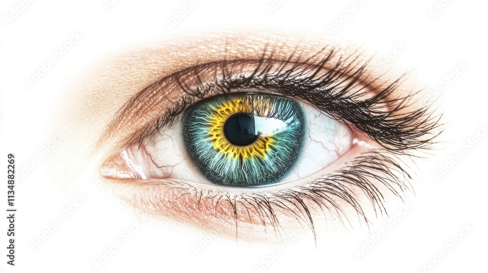 Detailed human eye with vibrant iris colors and visible veins, isolated on a clean white background. Detailed human eye with vibrant iris colors and visible veins, isolated on a clean white background.