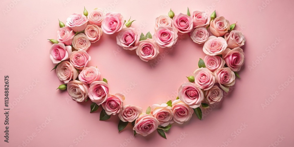 Delicate pink roses arranged in a heart shape on a soft pink background, a symbol of love and affection. Delicate pink roses arranged in a heart shape on a soft pink background, a symbol of love and affection.