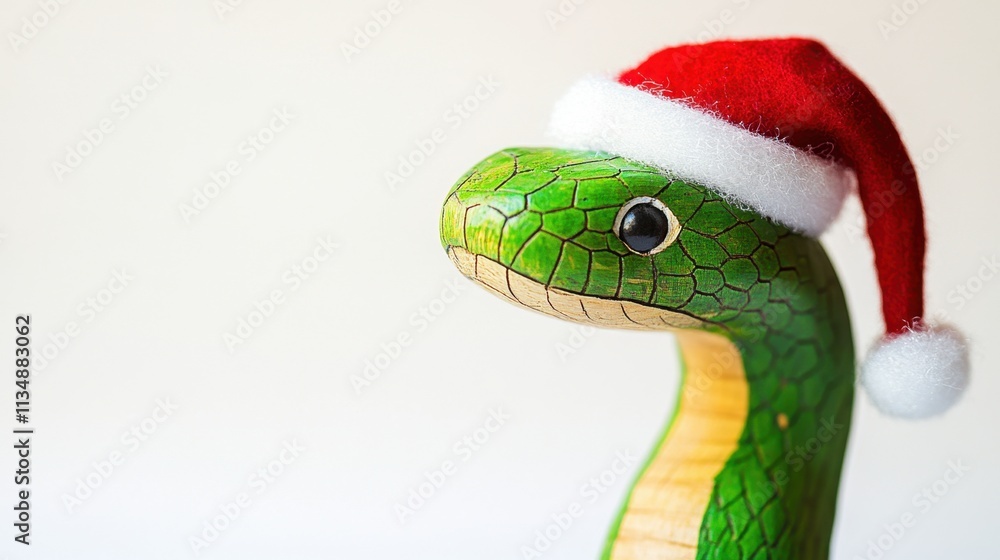 Fototapeta premium Green Wooden Snake Wearing Santa Hat for Holiday Decoration