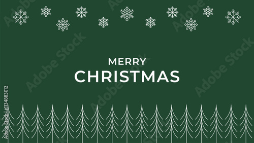 Merry Christmas Wallpaper Background Poster Graphic Vector. Christmas Pine Tree,  Tree, Snowflake, Snow. Editable Line Art Stroke