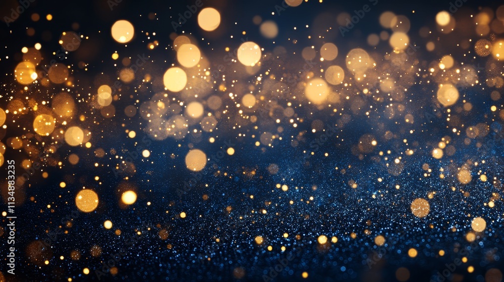Shimmering Golden Bokeh Lights Dancing Against a Deep Blue Background, Creating a Mesmerizing Atmosphere of Warmth and Magic During a Festive Evening Celebration