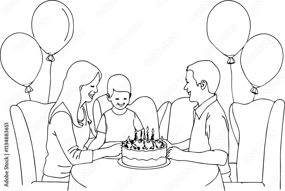 Continuous One Line Art Illustration Drawing Of A Family Celebrating Birthday With Cake And Balloons Continuous One Line Art Illustration Drawing Of A Family Celebrating Birthday With Cake And Balloons