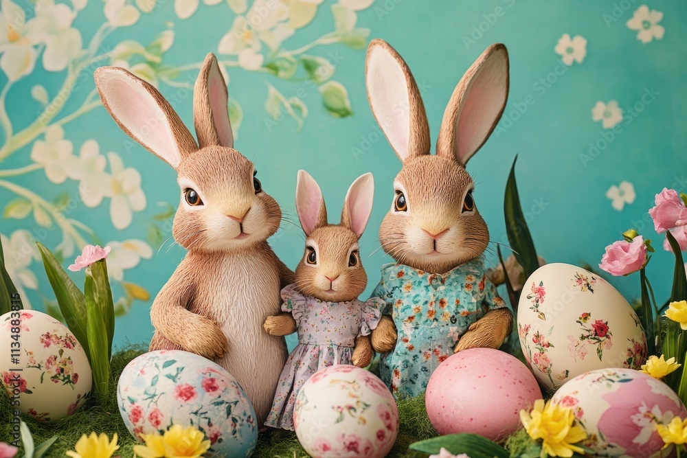 Obraz premium A whimsical Easter Bunny family posing together with oversized eggs