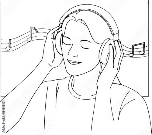 A Person Listening Music With Headphones On One Line Art Drawing Illustration In doodle Sketch