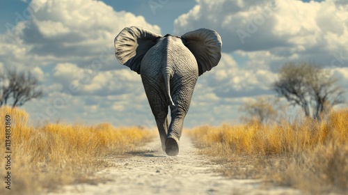 A majestic elephant strolls across a sunlit grassland under a vast, cloud-filled sky. The vibrant landscape and the elephant's imposing figure create a captivating wildlife scene in the African photo