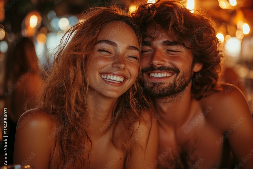 A romantic scene at a party where one person is whispering something funny to another. Generative AI A romantic scene at a party where one person is whispering something funny to another. Generative AI