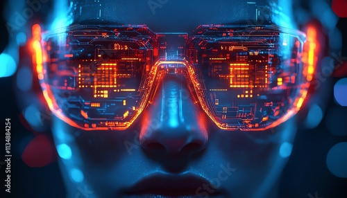 Glowing digital mask with circuitry photo