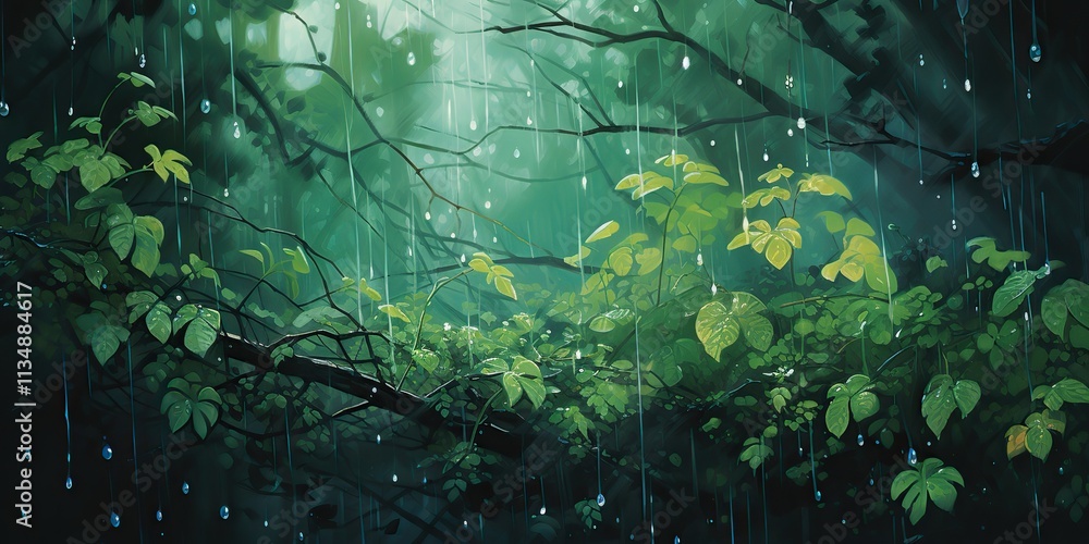 Fototapeta premium Paint draw rain in the forest. Adventure explore nature outdoor background scene