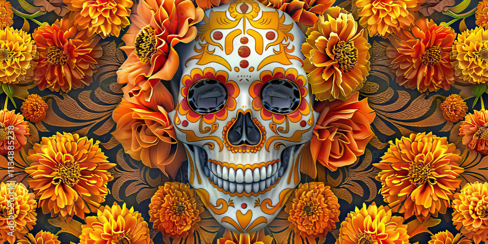 Sugar Skull with Orange Flowers and Damask Pattern Sugar Skull with Orange Flowers and Damask Pattern