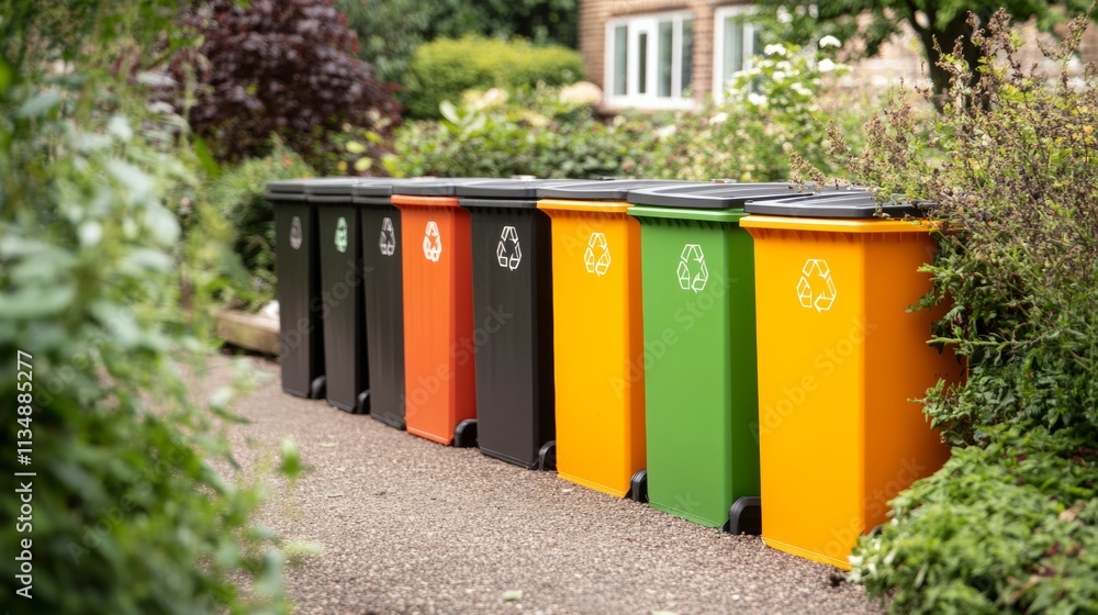 Biodegradable waste management, bins specifically for compostable waste, marked with eco-friendly symbols Biodegradable waste management, bins specifically for compostable waste, marked with eco-friendly symbols