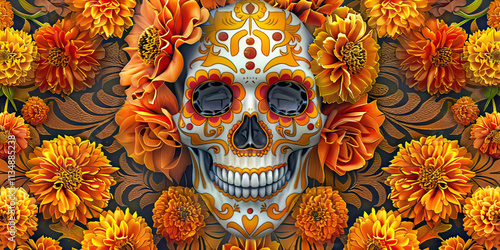 Sugar Skull with Orange Flowers and Damask Pattern