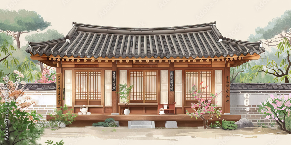 Illustration of a Korean Hanok House and Garden Illustration of a Korean Hanok House and Garden